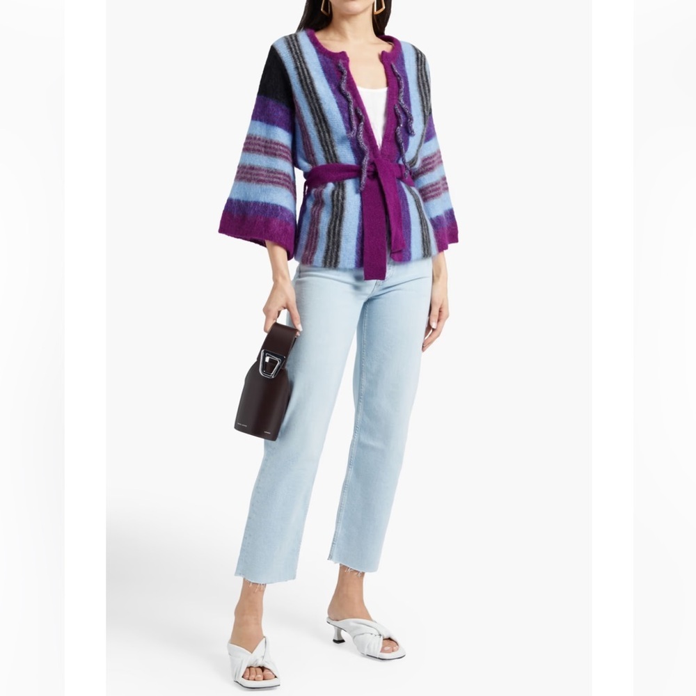 NWT ANTIK BATIK Moya Belted Brushed Intarsia Mohair-Blend Cardigan in Purple - S